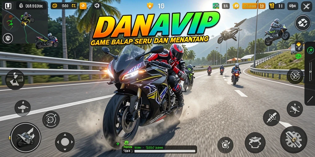 Skrinsut gameplay <strong>DANAVIP</strong> menampilkan aksi balap motor yang mendebarkan.