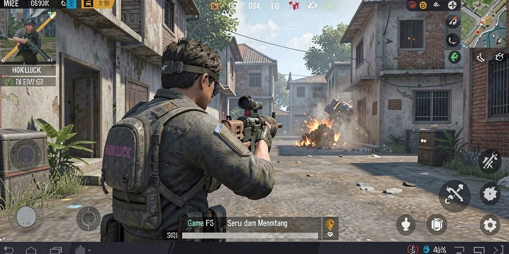 Tangkapan layar gameplay HOKILUCK yang menampilkan pertarungan intens di arena FPS.
