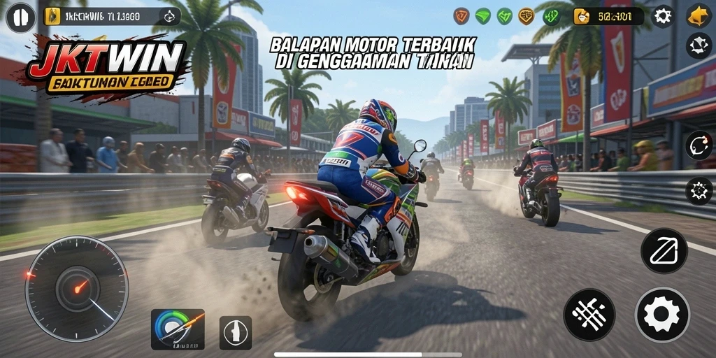 Screenshot utama JKTWIN dengan gameplay balapan motor yang seru.