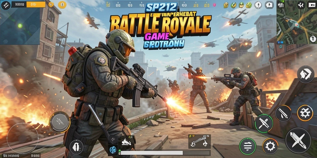 Screenshot permainan SP212 yang menampilkan aksi intens Battle Royale.
