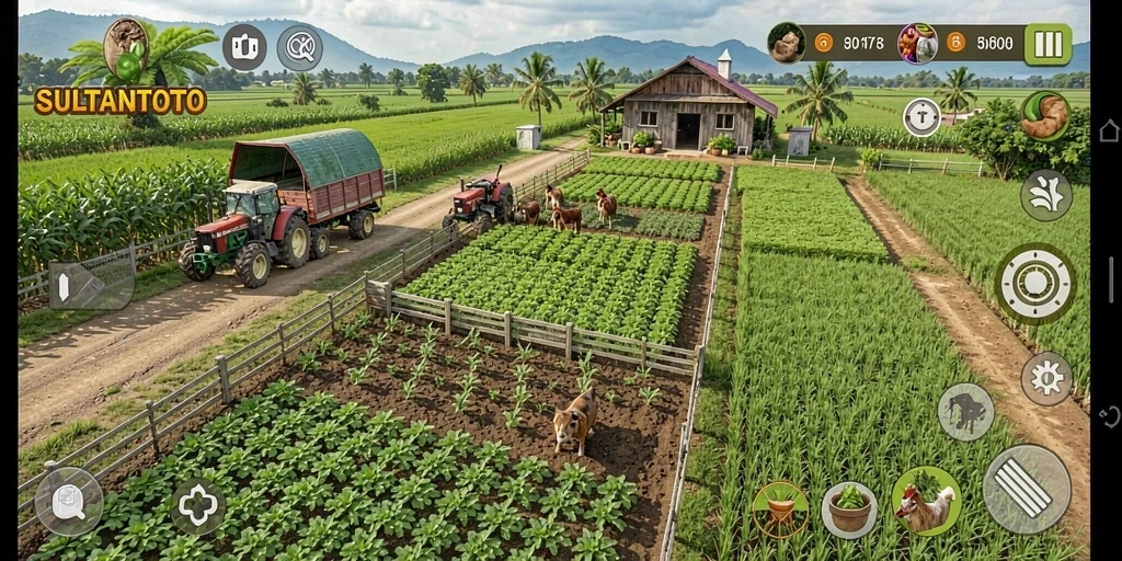 Tampilan gameplay menarik dari SULTANTOTO yang menampilkan pertanian yang aktif.